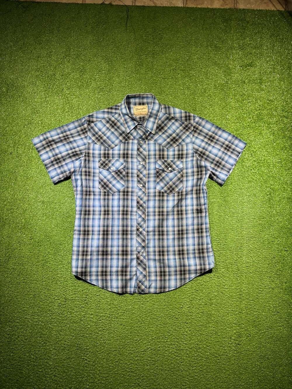 Wrangler Western Shirt Blue Plaid Short Sleeve Snap Front